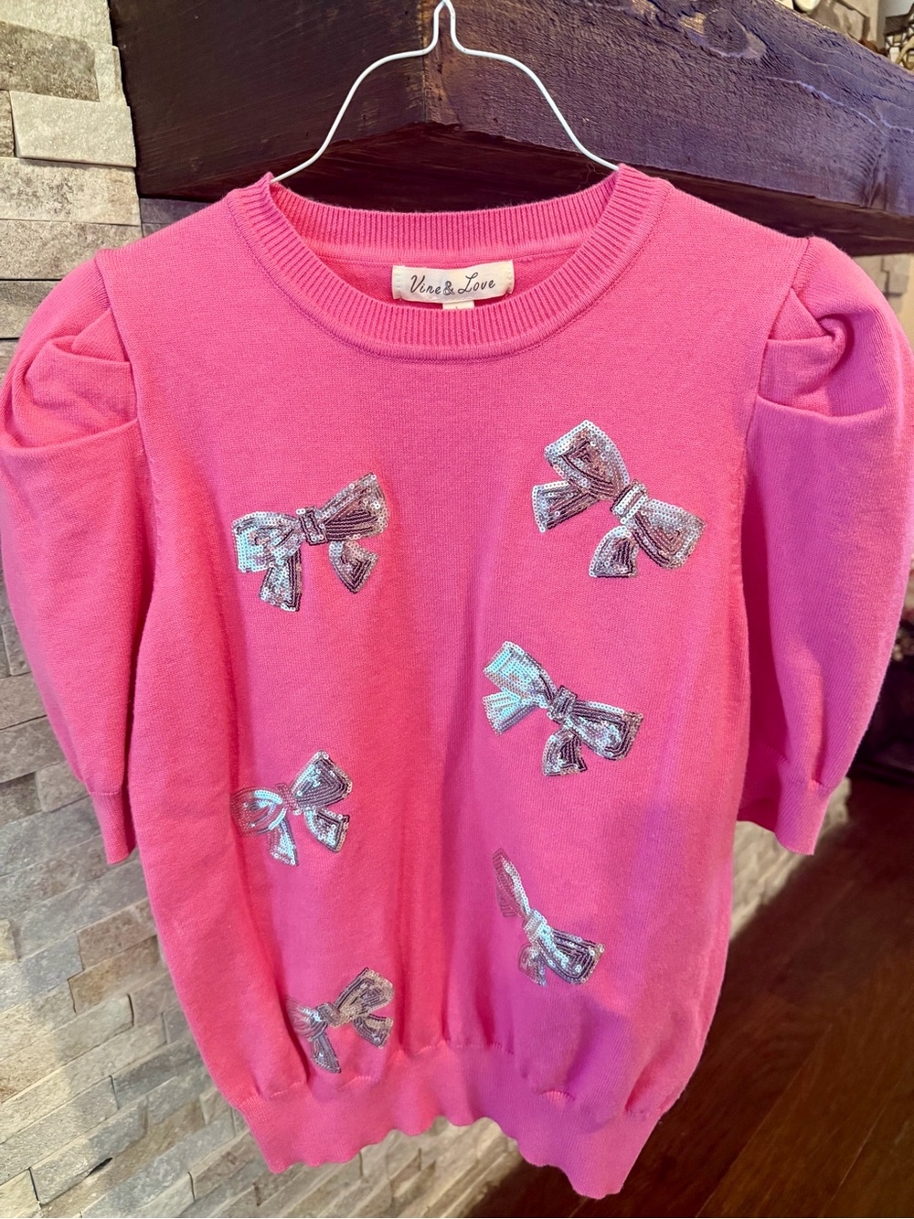 Vine & Love Pink Sequin Bow Knit Top